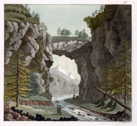 The Rock Bridge, Virginia, fra 'Le Costume Ancien ou Moderne', bind 1, plate 48, av Jules Ferrario, utgitt ca. 1820-30-tallet (fargegravering)